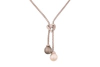 A double pearl lariat necklace, composed of pocorn link chain, with two cultured pearls at each terminal, of cream and grey body colour, measuring approximately 12.2mm each, set beneath a diamond-set stylised heart motif, in white metal marked &lsquo;18K&rsquo;, with