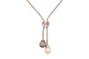 A double pearl lariat necklace, composed of pocorn link chain, with two cultured pearls at each terminal, of cream and grey body colour, measuring approximately 12.2mm each, set beneath a diamond-set stylised heart motif, in white metal marked &lsquo;18K&rsquo;, with