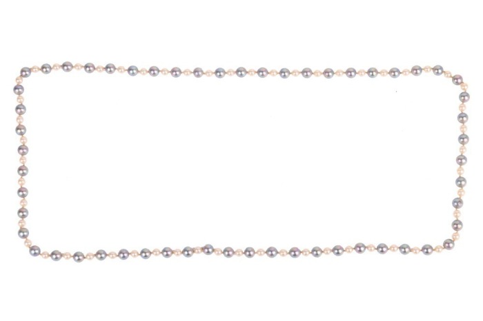 A cultured pearl necklace, comprising a single row of 112 cultured pearls, alternating between cream and peacock shades, the cream pearls measuring approximately 6.8mm in diameter, the peacock pearls measuring approximately 9.2mm in diameter, hand knotted