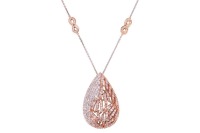 A diamond-set drop pendant, comprising a pear-shaped domed pendant, partly pierced with foliate-style motifs and pav&eacute;-set with round brilliant-cut diamonds, with beaded detail to one side, leading to a trace link chain, with additional diamond-set figure-