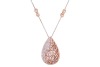 A diamond-set drop pendant, comprising a pear-shaped domed pendant, partly pierced with foliate-style motifs and pav&eacute;-set with round brilliant-cut diamonds, with beaded detail to one side, leading to a trace link chain, with additional diamond-set figure-