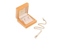 A cultured pearl and diamond necklace and a pair of cultured pearl and diamond earrings; the necklace comprising a 8.3mm cream cultured pearl detailed with a diamond-set surmount of foliate design, to a stylized bale and suspended from an 18ct fine curb-l
