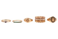 Five rings; comprising a tri-tone ring, of bamboo and bead design, tri-tone metal surface tested as 18ct gold, size M, two signet rings, in yellow metal with rubbed marks, surface tested as 18ct, sizes M1/2 and M, a sapphire-set ring, in yellow metal surf