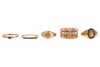 Five rings; comprising a tri-tone ring, of bamboo and bead design, tri-tone metal surface tested as 18ct gold, size M, two signet rings, in yellow metal with rubbed marks, surface tested as 18ct, sizes M1/2 and M, a sapphire-set ring, in yellow metal surf