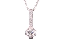 A diamond-set pendant, composed of a round brilliant diamond measuring approximately 5.4mm, with an estimated carat weight of 0.60ct, bezel-set in a hexagon-shaped setting, with a diamond-set surmount, in white metal surface tested as 18ct, to a white met