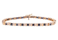 A sapphire and diamond line bracelet, comprising twenty-five square-cut sapphires channel-set in yellow metal, each sapphire interspersed with two channel-set round brilliant-cut diamonds, bracelet measuring approximately 17.5cm in length, completed with 