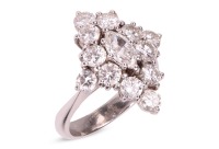 A diamond cluster ring, with an estimated total diamond weight of 2.00ct, the rhombic cluster is composed of a marquise-cut diamond and twelve round brilliant-cut diamonds, set in a wire basket and tapered shoulders, in white metal surface testing as 18ct