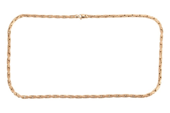 An Italian textured-link necklace, featuring a series of textured rounded-box links completed with a lobster clasp, stamped 750, 61.5cm in length, 31.5 grams.