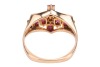 A ruby and diamond dress ring, six rectangular table-cut rubies and three single-cut diamonds composing a cruciform, between bifurcated shoulders leading to an angular shank, yellow metal stamped '585', size L, 2.8 grams. - 5