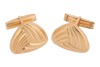 A pair of triangular cufflinks of reeded design, fitted with swivel backs, yellow metal marked '750', cufflink motif measures 2.4 cm across, total weight of item 46.7 grams.