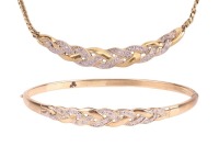 A diamond-set hinged bangle, of interlocking woven design, partly set with round brilliant diamonds, with integrated push bar clasp, marked &lsquo;375&rsquo;, together with a matching necklace, the curved bar of similar design, and leading to a flat link chain, with 