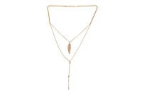 A double-strand diamond-set feather necklace, featuring a feather pendant, grain-set with round brilliant-cut diamonds and suspended from a yellow metal cable-link chain, the second cable link chain suspending a drop of three emerald-cut diamonds, intersp
