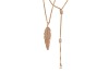 A double-strand diamond-set feather necklace, featuring a feather pendant, grain-set with round brilliant-cut diamonds and suspended from a yellow metal cable-link chain, the second cable link chain suspending a drop of three emerald-cut diamonds, intersp - 3