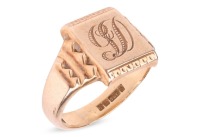 A signet ring, in 9ct yellow gold, the rectangular panel engraved with monogram &lsquo;GD&rsquo;, to shoulders with chevron-style detailing, to a court-shaped shank, the interior engraved with the following, &lsquo;Graham 15.10.66 from Lorraine and Rochelle&rsquo;, hallmarked Bi