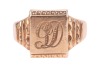 A signet ring, in 9ct yellow gold, the rectangular panel engraved with monogram &lsquo;GD&rsquo;, to shoulders with chevron-style detailing, to a court-shaped shank, the interior engraved with the following, &lsquo;Graham 15.10.66 from Lorraine and Rochelle&rsquo;, hallmarked Bi - 2