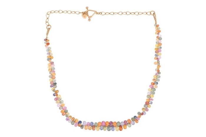 A harlequin beaded necklace, comprising a series of briolette-cut fancy coloured sapphires, connected to a cable link and toggle clasp, in yellow metal stamped '18K', overall length 44.0 cm, 19.9 grams.