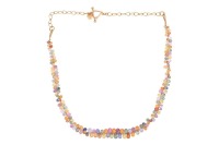 A harlequin beaded necklace, comprising a series of briolette-cut fancy coloured sapphires, connected to a cable link and toggle clasp, in yellow metal stamped '18K', overall length 44.0 cm, 19.9 grams.
