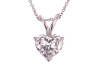 A heart-shaped diamond pendant, the heart shaped brilliant-cut diamond measuring approximately 8.2mm x 7mm x 4.2mm, with an estimated carat weight of 1.42ct, claw-set in an unmarked white metal mount, to a trace link chain with bolt ring clasp marked &lsquo;750
