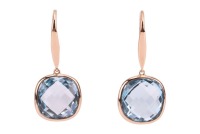 Bucherer - a pair of blue topaz earrings, each bezel-set with a rose-cut cushion-shaped blue topaz drop, suspended from a surmount with lever back, in yellow metal marked &lsquo;Au750&rsquo;, with maker&rsquo;s mark for Carl Bucherer, in a branded box; 3.5 grams