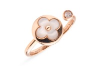 Louis Vuitton - a Colour Blossom Mini Sun ring in 18ct rose gold, set with mother-of-pearl and diamond, the blossom motif set with a polished white mother-of-pearl, and a round brilliant-cut diamond accent of 0.04ct, to an open shank, signed and numbered,