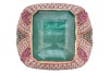 An emerald, pink sapphire and diamond cocktail ring, comprising a central collet-set step-cut emerald, of yellowish-green hue and estimated at 17.70ct, the cushion-shaped ring grain-set with round brilliant-cut diamonds, round-cut pink sapphires and round - 2