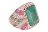 An emerald, pink sapphire and diamond cocktail ring, comprising a central collet-set step-cut emerald, of yellowish-green hue and estimated at 17.70ct, the cushion-shaped ring grain-set with round brilliant-cut diamonds, round-cut pink sapphires and round - 3
