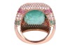 An emerald, pink sapphire and diamond cocktail ring, comprising a central collet-set step-cut emerald, of yellowish-green hue and estimated at 17.70ct, the cushion-shaped ring grain-set with round brilliant-cut diamonds, round-cut pink sapphires and round - 4