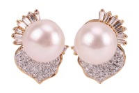 A pair of cultured pearl and diamond-set earrings, the cultured pearls measuring approximately 9.5mm, each flanked by a stylised leaf design panel, pav&eacute;-set with diamonds, accented by tapered baguette-cut diamonds, in a yellow metal mount with post fittin