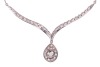 A diamond-set necklace, composed of a V-shaped bar, with diamond-set chevron detailing, suspending a pear-shaped diamond-set pendant, to a box-link chain measuring approximately 42cm, in white metal stamped &lsquo;585&rsquo;; 8.4 grams
