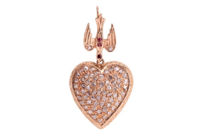 A heart-shaped pendant with diamonds, comprises a hollow heart pendant in yellow precious metal, fully pav&eacute; set with rose-cut diamonds, engraved scrollwork on the edges, pierced lattice and daisy motif at the reverse, suspending on a dove surmount with di