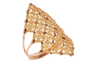 A lattice-work dress ring, stamped with intricate decorations and beaded details, unmarked yellow metal testing as high carat, ring head 3.3 x 1.8 cm, size P, 2.5 grams. Please note: Unless otherwise stated, lots have been tested using an electronic teste