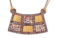 A diamond and enamel necklace; the central set curved panel pav&eacute; set with tonal champagne and cognac coloured diamonds around rectangular sections of alternating textured gold and enamelled ribbonwork; suspended from two cable link chains in yellow and bu