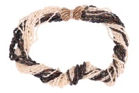 A keshi pearl torsade necklace, comprising a multi-strand of keshi pearls with cream and black body colour, knotted to a bow-shaped box clasp, cinched with a line of diamonds, the twisted fluting mount pave-set with circular-cut sapphires, yellow metal st