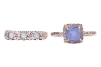 Two rings; comprising a tanzanite and diamond-set cluster ring, in a 9ct white gold mount, size R, together with a gem-set half hoop ring in a 9ct gold mount, size Q; 5.6 grams (2)