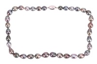A Tahitian cultured pearl necklace, comprising a string of baroque pearls in different shades of grey colour, completed with a pin clasp marked silver top GSV bottom patent, 45.0 cm long, 49.7 grams.