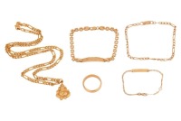 A group of yellow metal jewellery; comprising a pendant depicting Ganesh, marked &lsquo;22c&rsquo;, suspended from a yellow metal figaro chain testing as 22ct, 49cm in length, pendant 2.5cm in length, completed with a S hook clasp, 33.0 grams; A plain band ring of D 