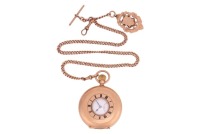 A 9ct Rose Gold &lsquo;Syren&rsquo; (Record and Revue) Half-Hunter Pocket Watch Reference: 9573 Year: Hallmarked Chester 1920 Case Material: 9ct Rose Gold Case Diameter: Approximately 50mm Dial: White, Blued Poire Hands Numerals: Black Roman Numerals, Minute Track Mo