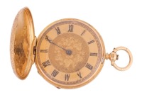 A Lady's &lsquo;18K&rsquo; Full-Hunter Pocket Watch Serial: 32795 Case Material: &lsquo;18K&rsquo; Yellow Metal, Engraved with Foliate Design Case Diameter: Approximately 34mm Dial: Gold-Tone, Foliate Engraving to Centre, Hour Hand Deficient Numerals: Black Roman Numerals, Minut