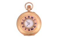 A 12ct Yellow Gold Half-Hunter Pocket Watch Reference: 242211 Year: London Import Marks dated 1914 Case: Smooth, with Pink Guilloche Enamel Chapter Ring and Blue Enamel Roman Numerals Case Material: 12ct Yellow Gold Case Diameter: Approximately 30mm Dial: