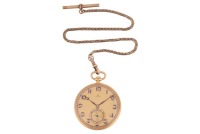 Omega &ndash; An &lsquo;18K&rsquo; Open Face Pocket Watch Reference: 691.9105 Serial: 6227241 Year: circa 1925 Case Material: &lsquo;18K&rsquo; (Case Back marked internally with Swiss Helvetia Head stamp indicating 18ct) Case Diameter: Approximately 46mm Dial: Gold-Tone, Brushed, Blue