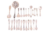 A set of twelve "Mid Century Vintage" Danish white metal "Acornesque" demitasse spoons, by Grann & Laglye together with a matching caddy spoon by the same hands. Together with other mixed flatware. 11. ozt/ 346 grams combined gross weight of silver.