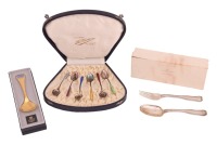 Georg Jensen silver gilt and enamel spoon in a presentation case, a pair of Georg Jensen fiddle and thread spoon and fork and a cased sterling and guilloche enamel demitasse spoons (cased) 200 grams (6.43 ozt) combined gross weight.